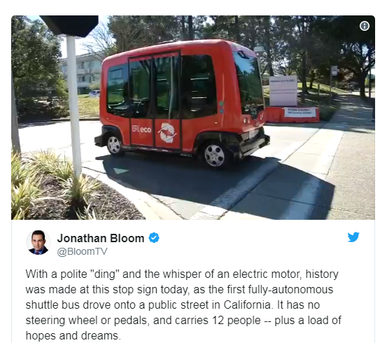 加州测试无人驾驶公交车 将为办公园区